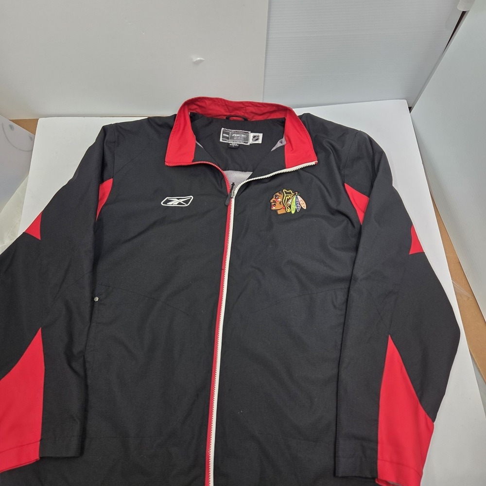 Vtg Reebok Chicago Blackhawks NHL Track Jacket Mens Large Black Red Y2K Retro